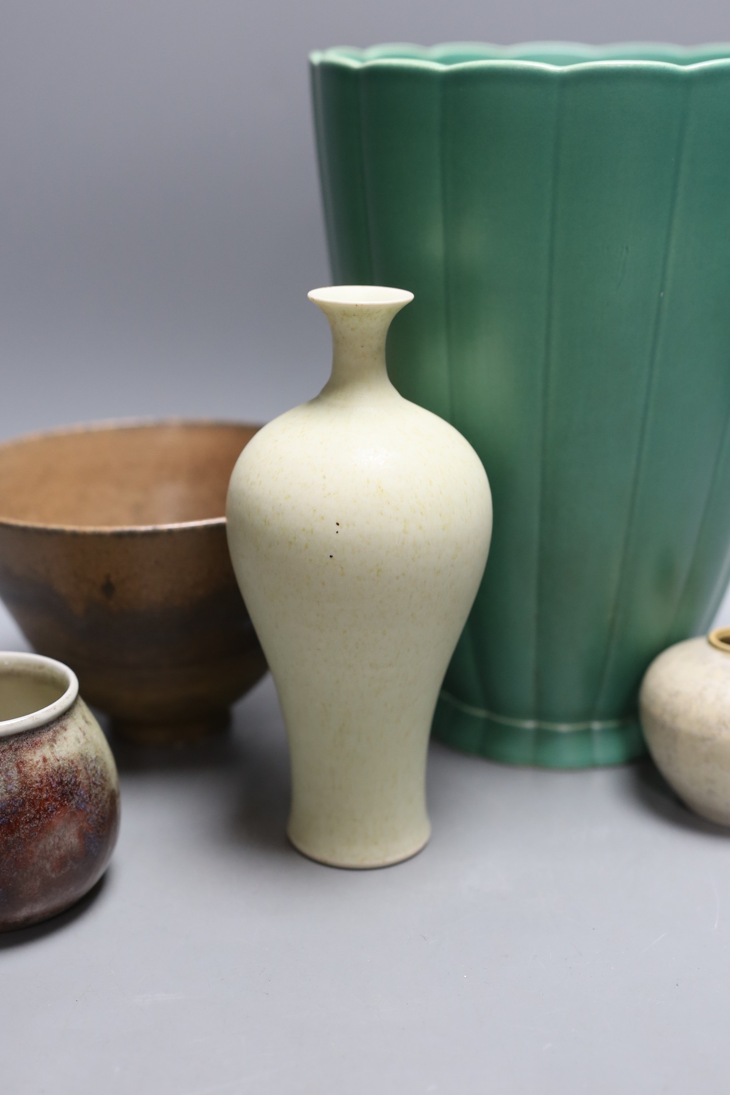 A Keith Murray for Wedgwood vase, a Bauhaus type miniature vase, a Swedish studio porcelain vase and two studio pottery vases - tallest 23cm (5)